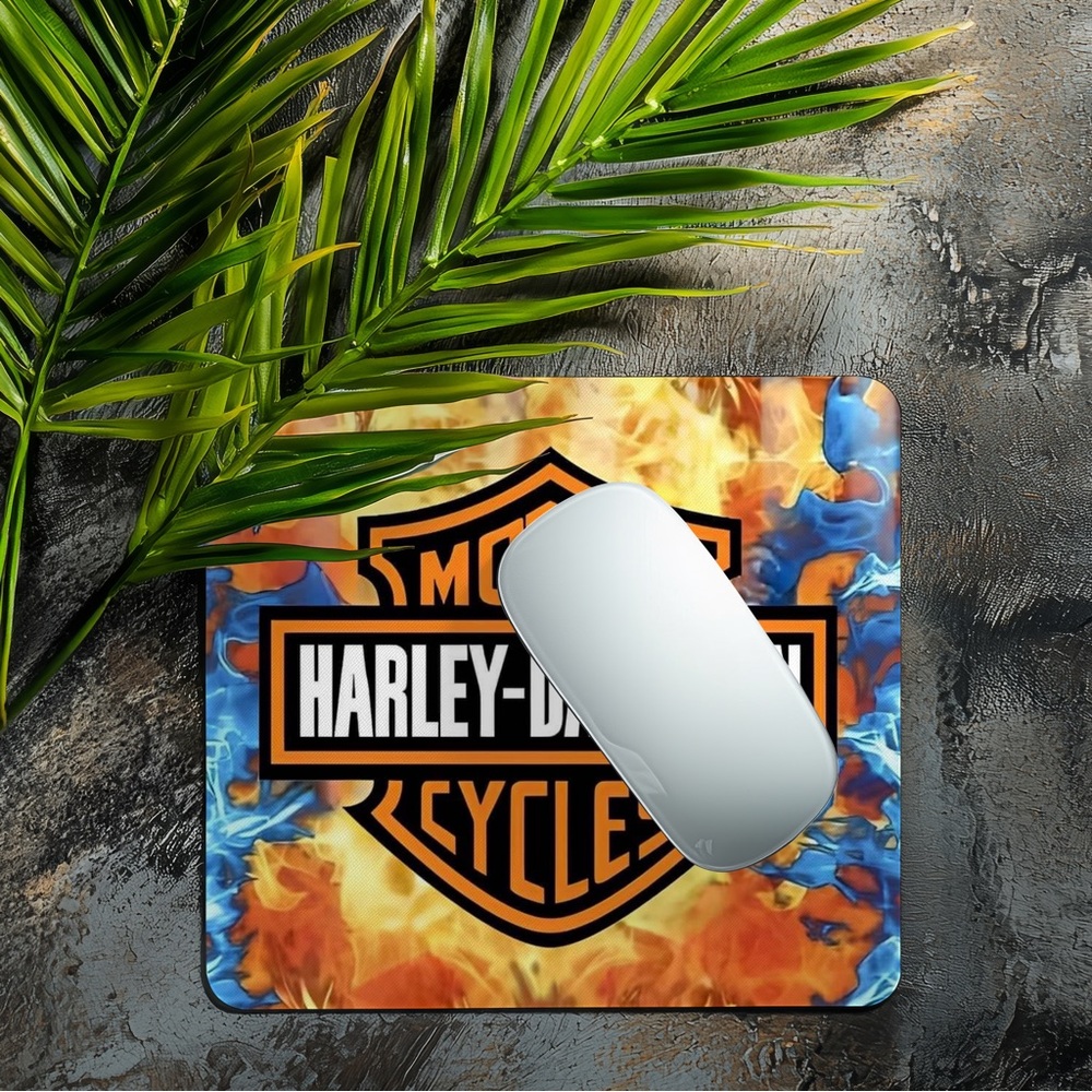 Hand Crafted Harley-Davidson Flame & Ice Mouse Pad - Orange, Blue, Black, White